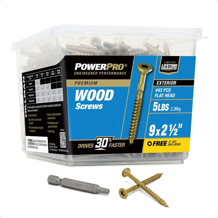 

Power Pro Premium Exterior Wood Screws 9 x 21 2Inch AllPurpose Deck Screws for Outdoor Projects T25 Star Bit Included Bronze 44