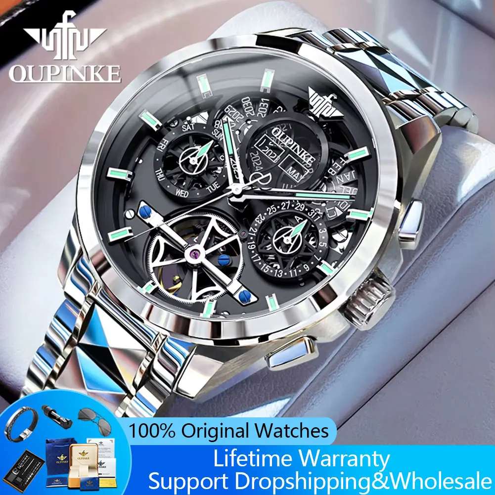 OUPINKE 3233 Luxury Men's Automatic Mechanical Watches Original Tungsten Steel Hollow Flywheel Multi Function Business Man Watch