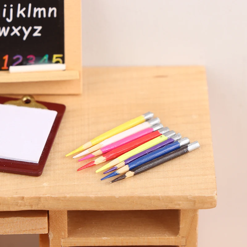 8Pcs 1:12 인형 집 미니어처 펜 미니 컬러 연필 학교 용품 모델 아이 척 놀이 장난감 인형 집 액세서리