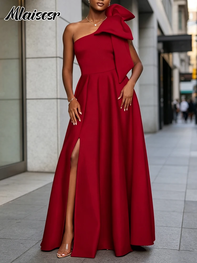 Mlaiscsr Elegant Red One Shoulder Evening Dress for Women Bow Accent High Waist Side Slit Gown for Wedding Guest Birthday Club