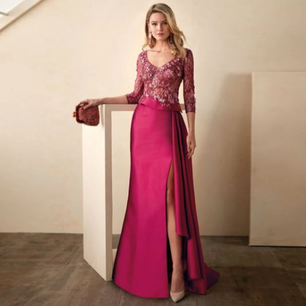 Customized Class Wedding Mom Dresses Satin Sheath/Column Party Dress Fuchsia V-neck Applique Side Split Draped Prom Dress Long