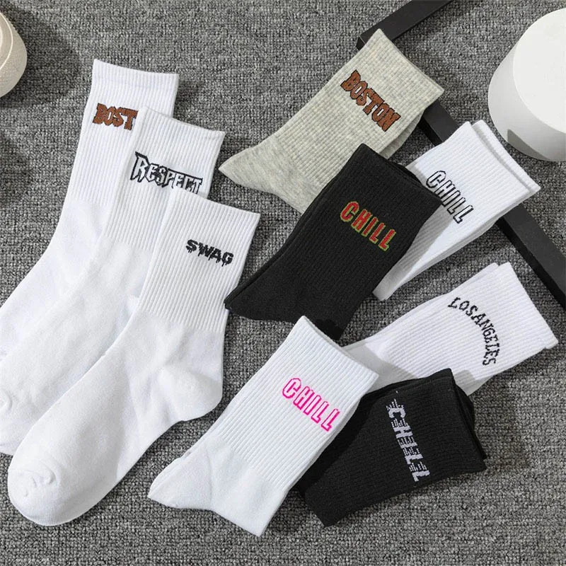 Women Cotton Socks New Letter Jacquard Fashion Trend Personalized Street Hip Hop Art Character Ladies Crew Socks I107