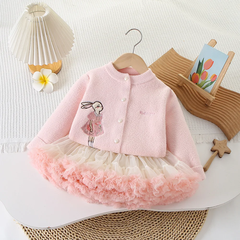 Girls Knitted Clothes Sets Spring Autumn Children Woolen Jersey Sweaters Coats Tutu Skirts 2pcs Dress Suit For Baby Outfits Kids