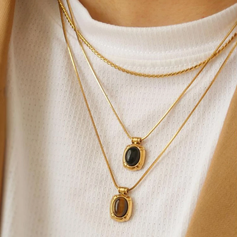 

Gold Plated Stainless Steel Necklace - Colorful Gemstone Jewelry for Women