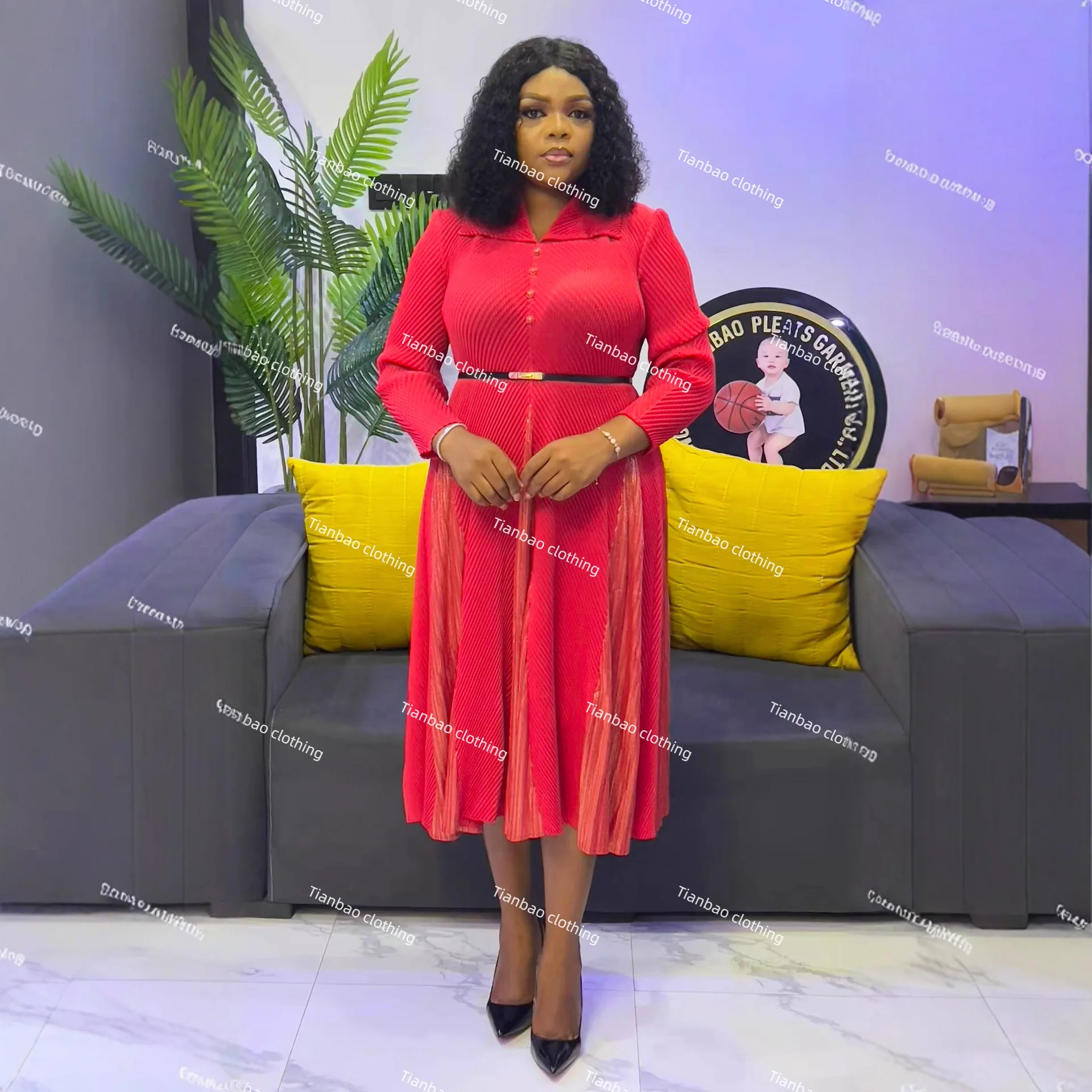 

Miyake Pleated Dress for Women 2025 New Gold-plated Color-blocking Lapel Long Sleeve Lace-up Large Size Women's Pleated Skirt