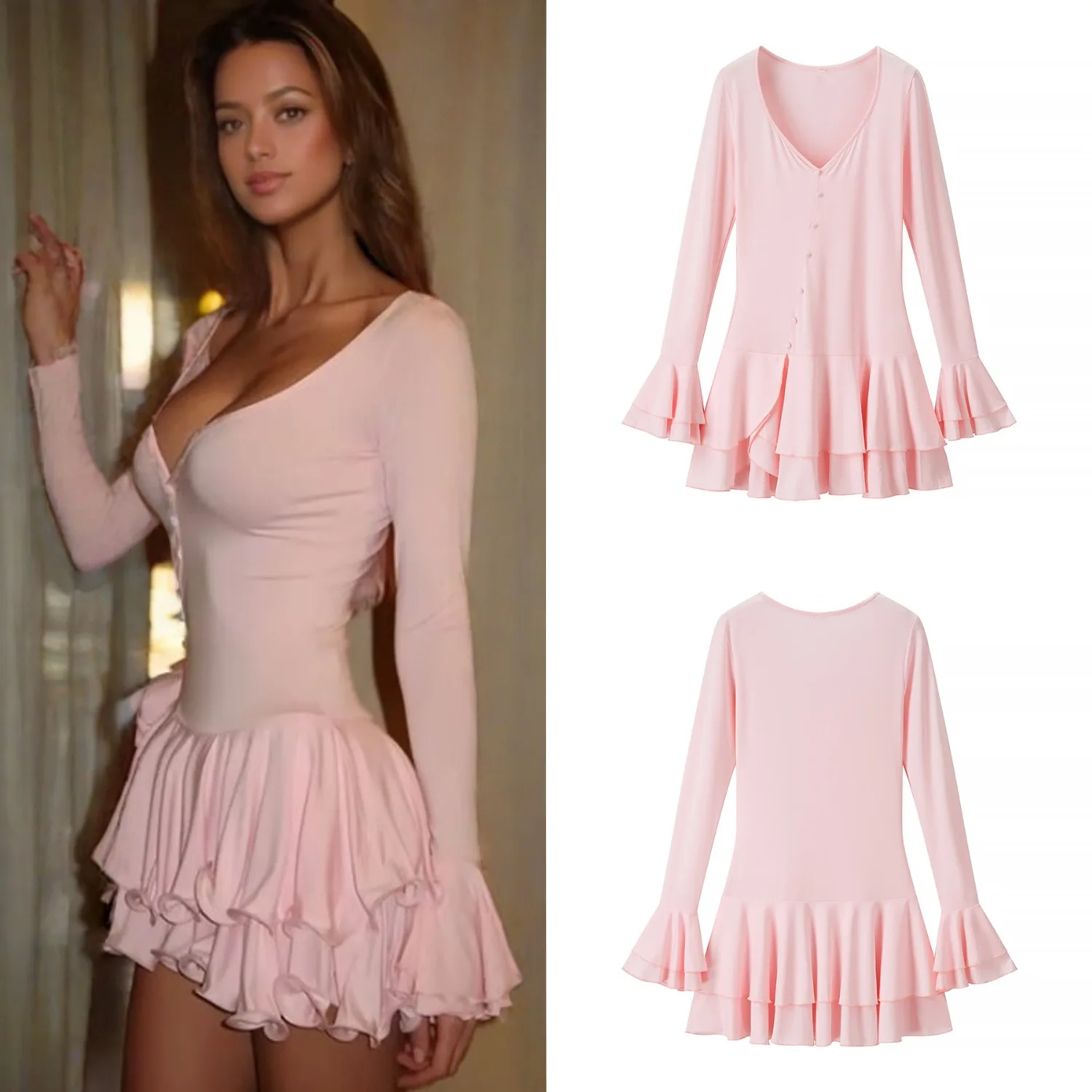 

Летняя новая европейская и американская женская одежда, темпераментное модное трикотажное платье с v-образным вырезом и длинными рукавами