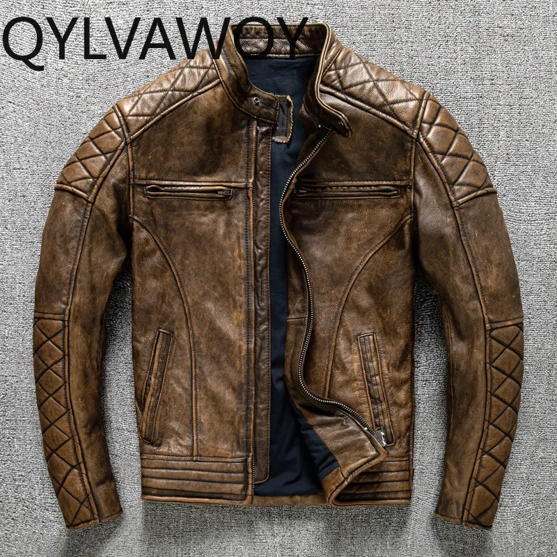 QYLVAWOY 100% Genuine Leather Jacket Men Slim Fit Stand Collar Vintage Distressed Top Layer Cowhide Motorcycle Coats chaquetas