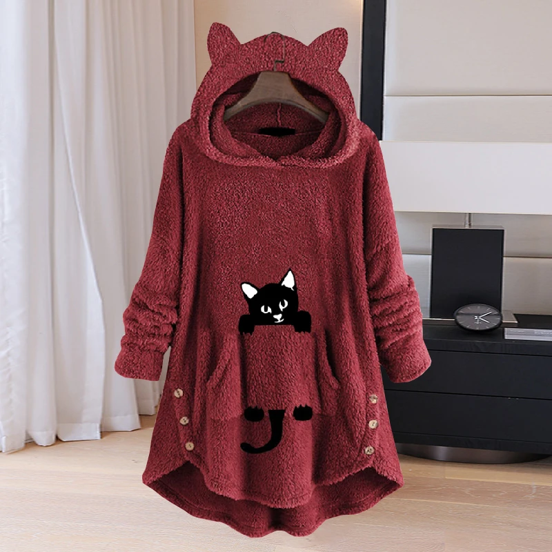 Cartoon Cat Winter Fleece Loose Hoodies Women Button Hooded Shirt Fluffy Warm Long Sleeve Pullover Homewear Casual Sweatshirt