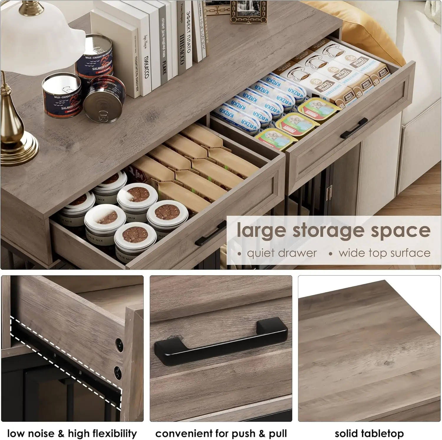 أثاث صندوق الكلاب 47 بوصة بيت الكلاب الخشبية للكلاب في الأماكن المغلقة مع مقسم قابل للإزالة للكلاب الكبيرة/المتوسطة/الصغيرة، 2 تخزين