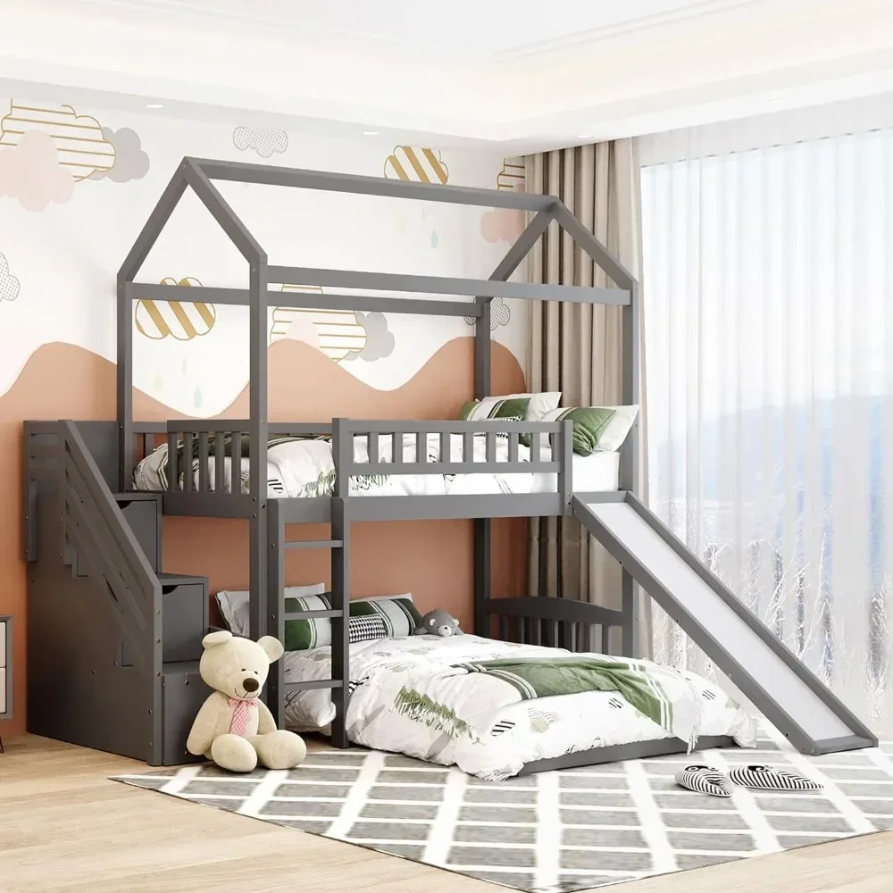 

House Bunk Beds with Slide Wood Twin Bunk Bed with Stairs for Kids, House Bunk with Roof for Boys or Girls, No Box Spring Needed