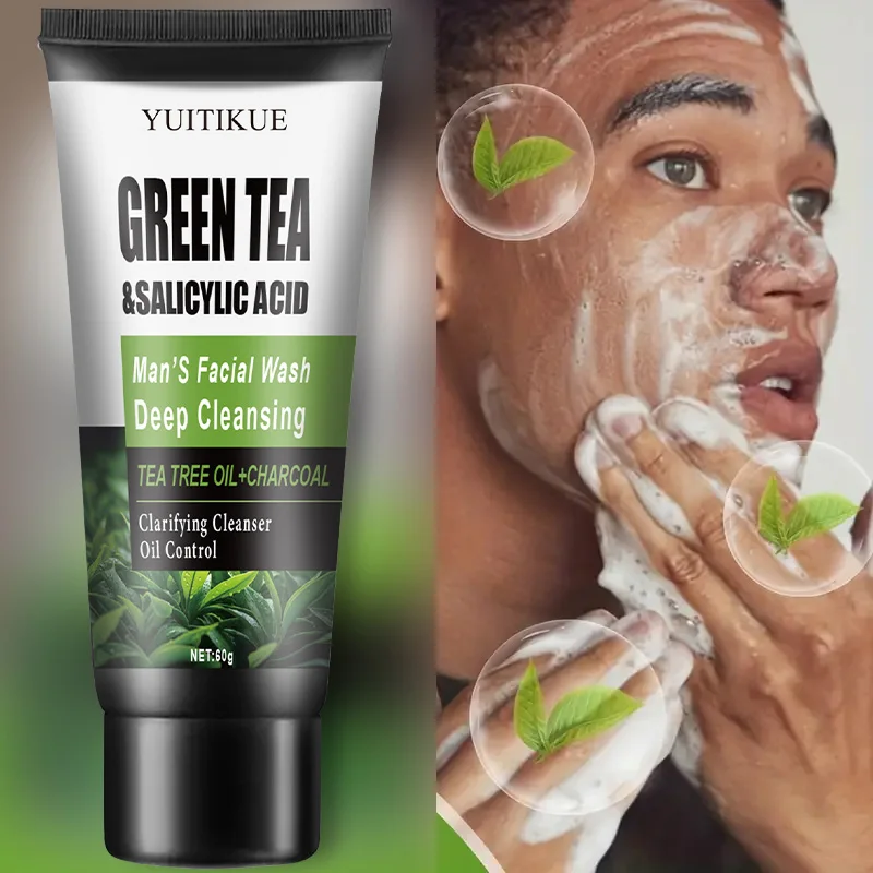 YUITIKUE Lavado facial para hombres 60 g - Té verde y ácido salicílico, limpieza profunda, control de aceite, árbol de té y carbón, para hombres