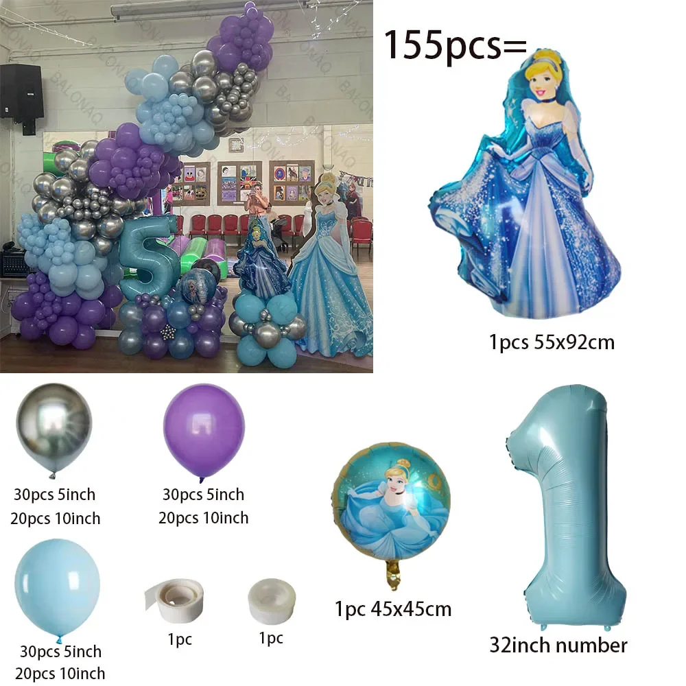 155pcs Disney Princess Cinderella 32inch Number Balloon Set Birthday Weeding Party Decor Baby Shower Supplies Kids Toy Globos