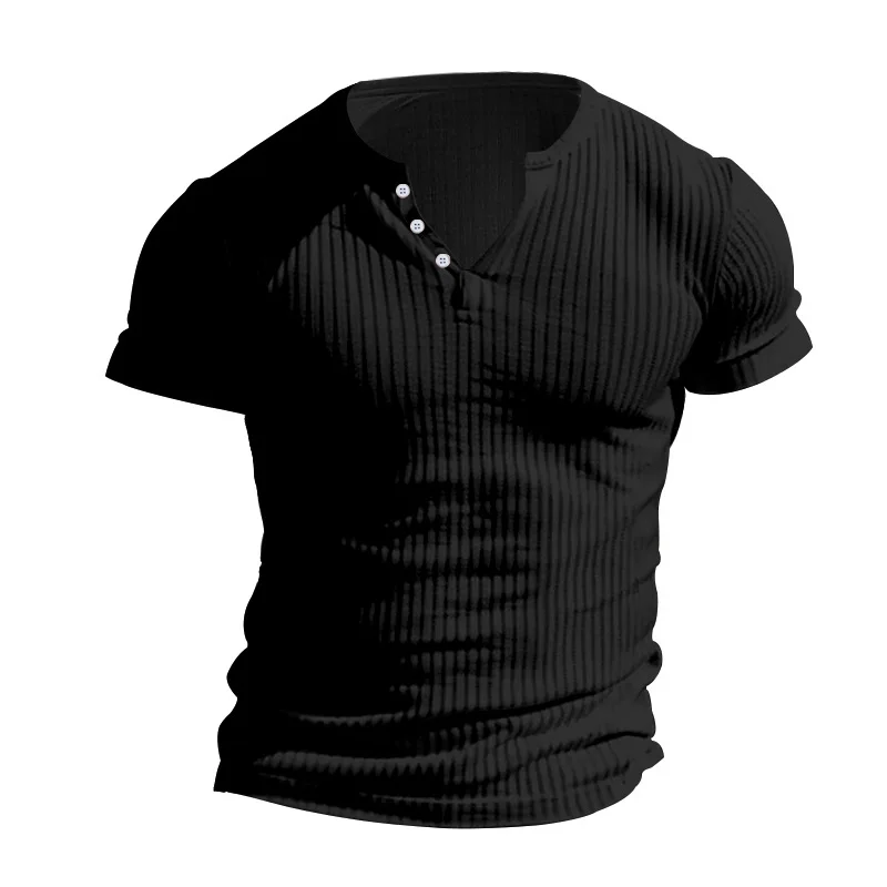 New Mens T-shirt Henley Shirt Slim Fit Round Neck Solid Color Casual Summer Short Sleeved T-shirt for Men