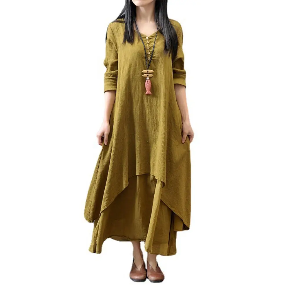 2025 New Womens Linen Dress Fake Two Piece Long Sleeve Casual Maxi Dresses Elegant Loose Fit Cotton Blend Vintage A Line Gown