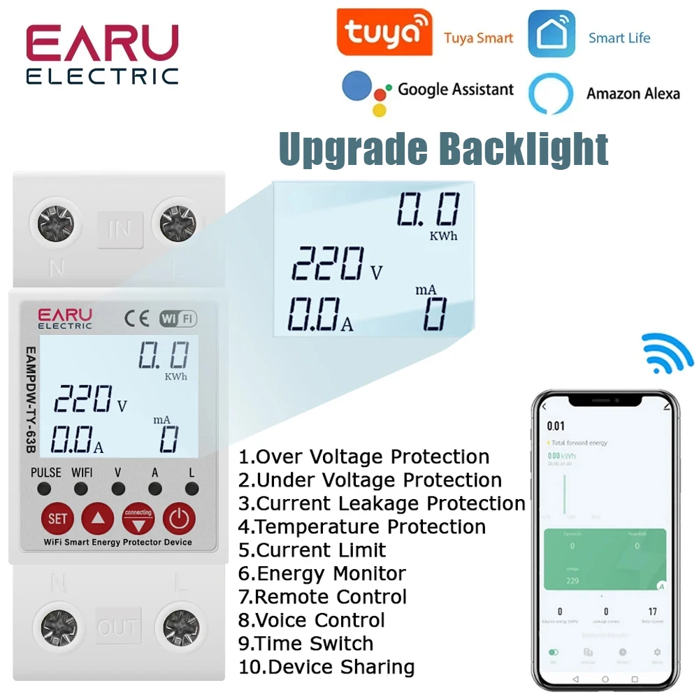 2P 63A TUYA APP WiFi Smart Circuit Earth Leakage Over Under Voltage Protector Relay Device Switch Breaker Energy Power kWh Meter