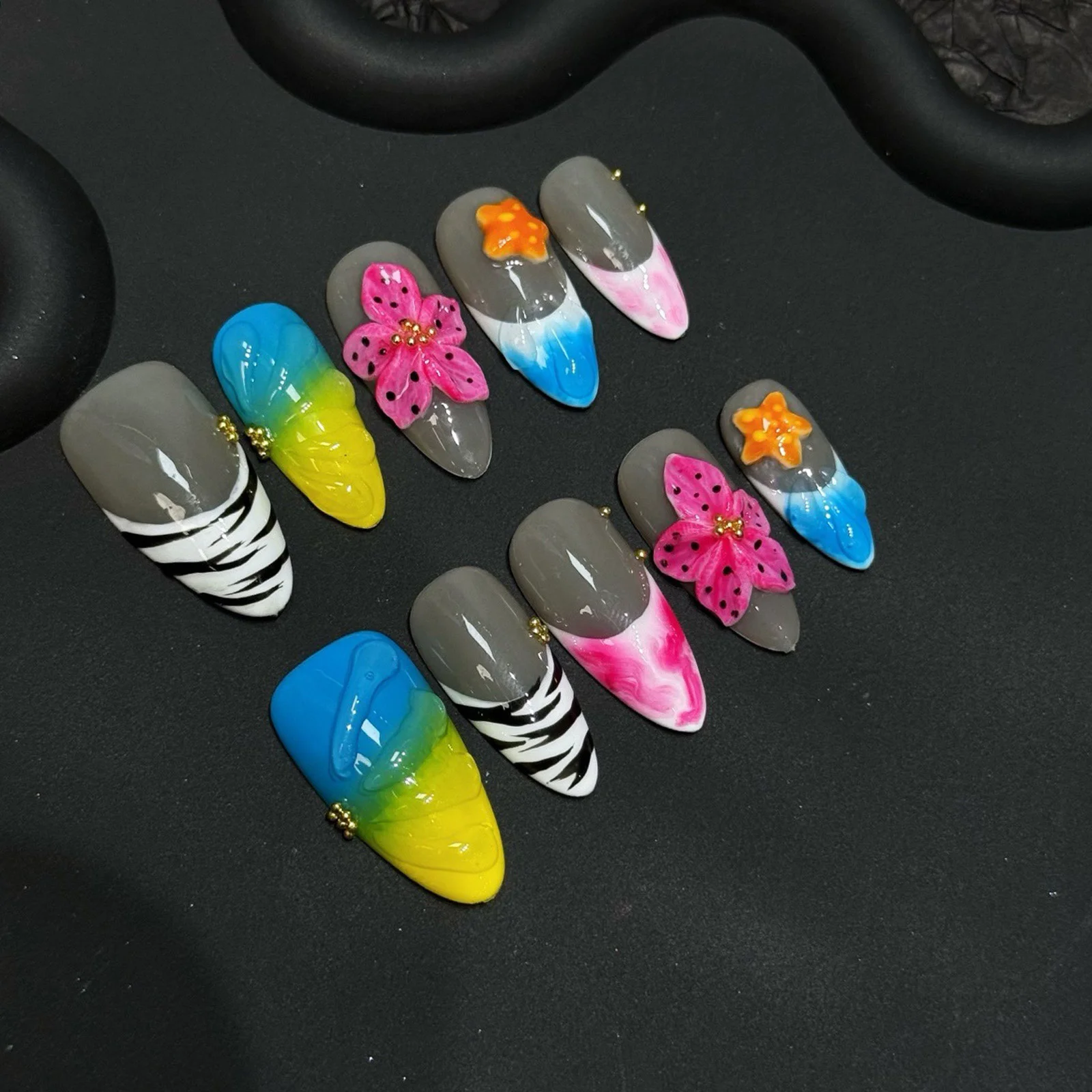 

10Pcs Almond Fake Nails 3D Pink Flower Designs Handmade Press On Nails Dopamine Color French Tips Full Cover False Nails Art