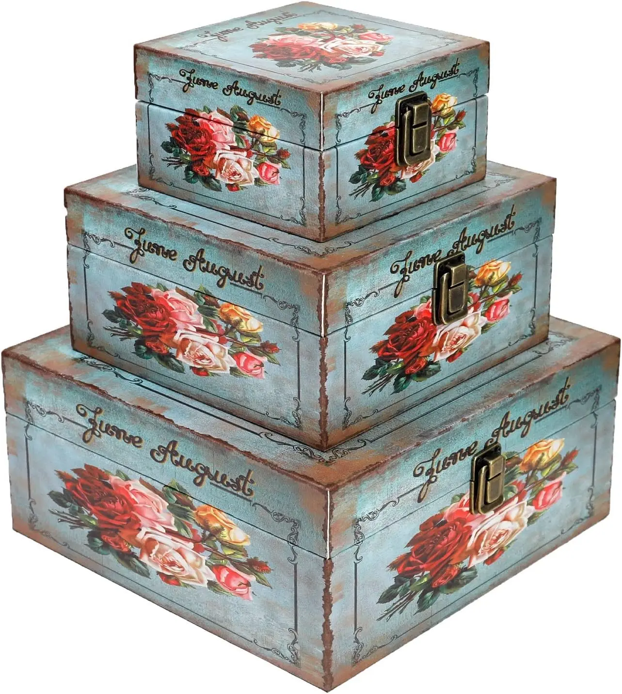 

Vintage Wood Storage Box Set of 3, Decorative Nesting Boxes with Latch for Photos Jewelry Cash