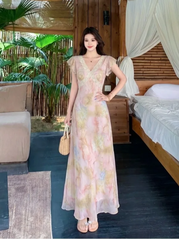 

plus Size Women's Beautiful Pink Lace Splicing V-neck Floral Long Dress Waist-cinching Summer Holiday Dress Gentle Style