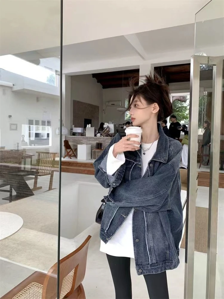 

202, весенне-осенняя женская новая винтажная джинсовая куртка в стиле бойфренда, свободное универсальное модное пальто с длинными рукавами и воротником-поло