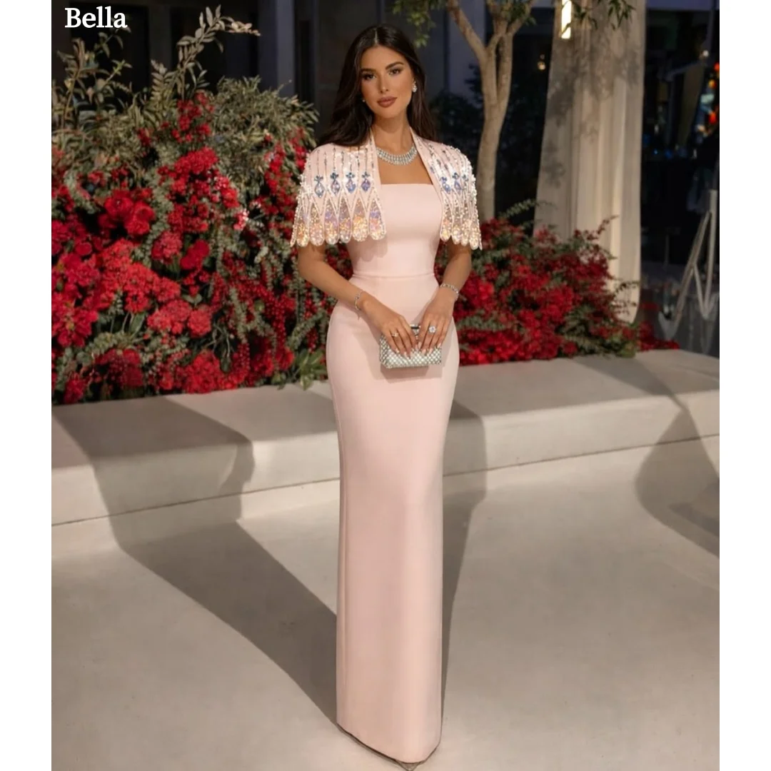 Bella Customized Pink Crepe Prom Dresses Elegant Strapless Mermaid vestidos de noche Floor Length Beaded Cape Formal Evening 202