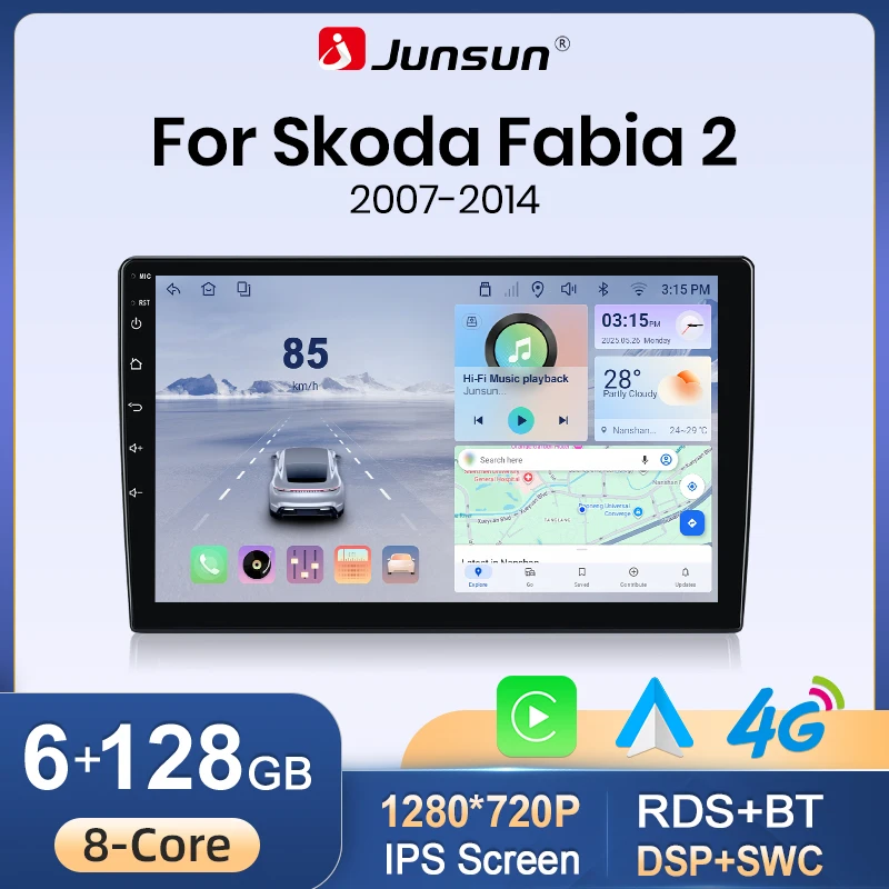 Junsun Wireless CarPlay Android Auto Autoradio für Skoda Fabia Mk2 (5J) 2007-2014 mit integriertem Lüfter, Android GPS-Navigation, Multimedia-Player, WiFi, DSP, RDS, BT, SWC, IPS-Touchscreen,