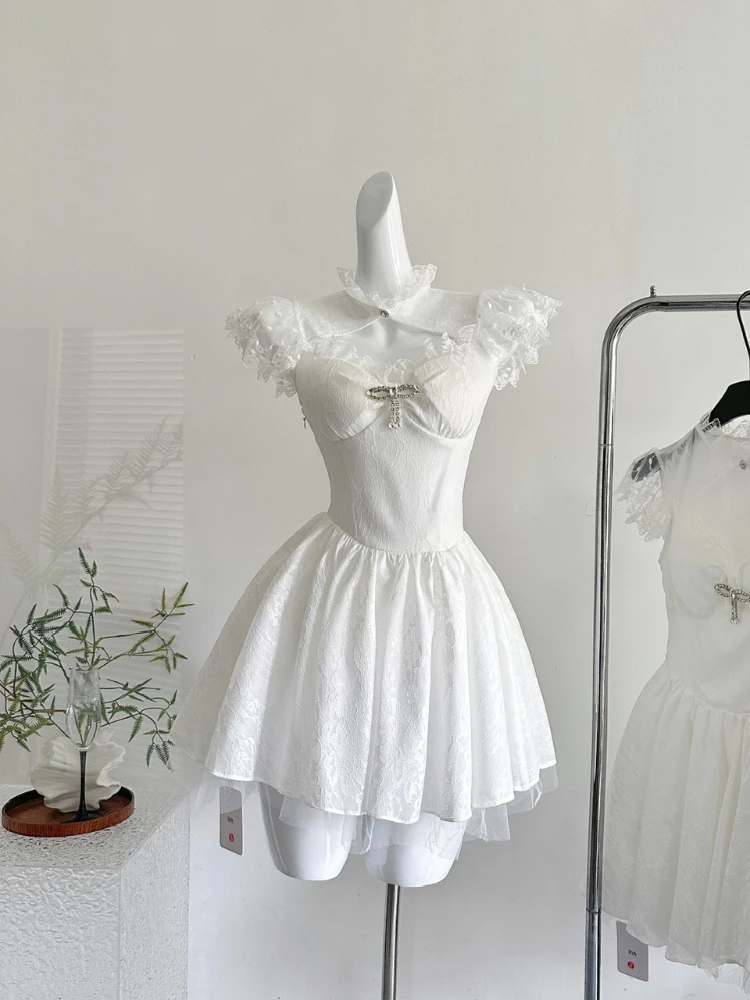 

Summer Retro Elegant Y2k Women Mini Dress Princess Hollow Out Design Short Party Mini Dress Female Lace Korea Style Chic Outfits