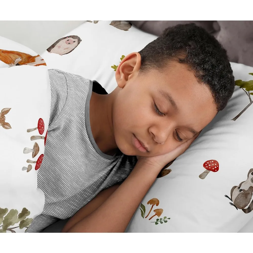 スイートジョジョデザインズ ウッドランドフォレストアニマルズ 男の子 女の子 性別中立 ユニセックス クイーンシーツセット フラットフィットシーツ 枕カバー K