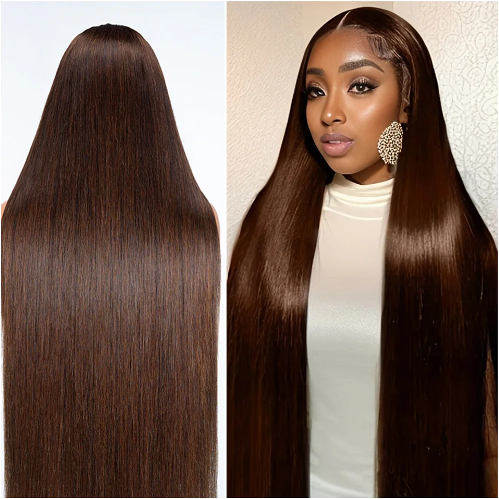 

Шоколадно-коричневый парик из 100% натуральных волос, прямой, с кружевной передней частью 13x6 HD, плотность 200%, предварительно прорезанный, 40 дюймов, для женщин