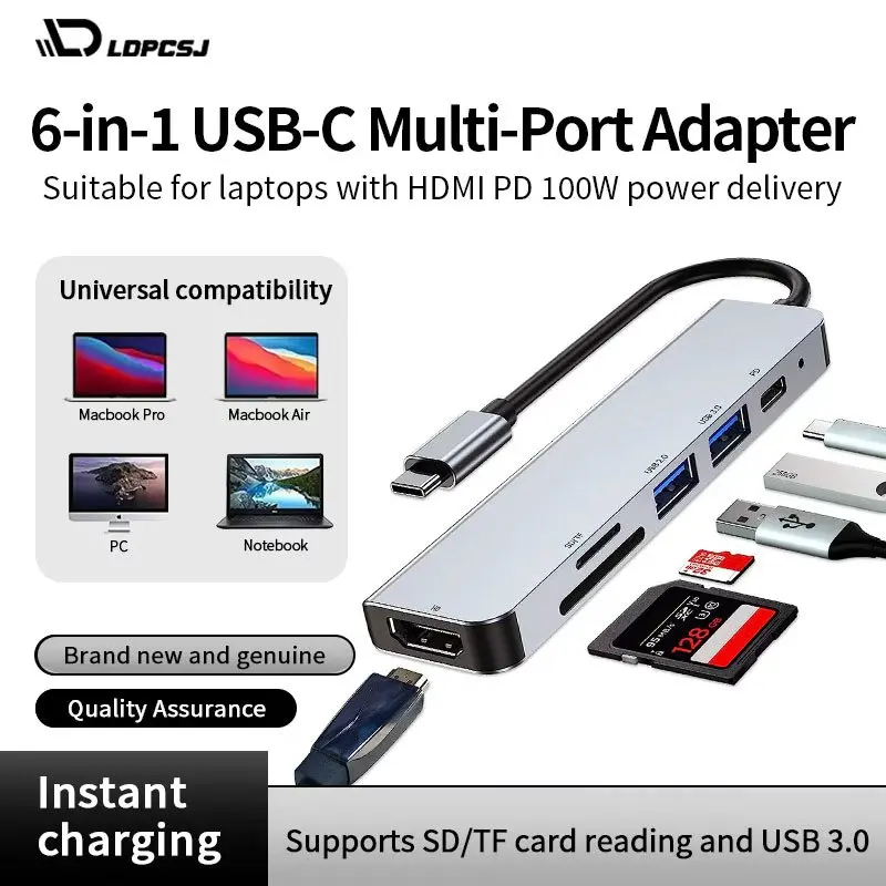 

LDPCSJ 6-in-1 USB C Multiport Adapter for Laptops with HDMI PD 100W Power Delivery SD/TF Card Reader USB 3.0 & 2.0 Ports