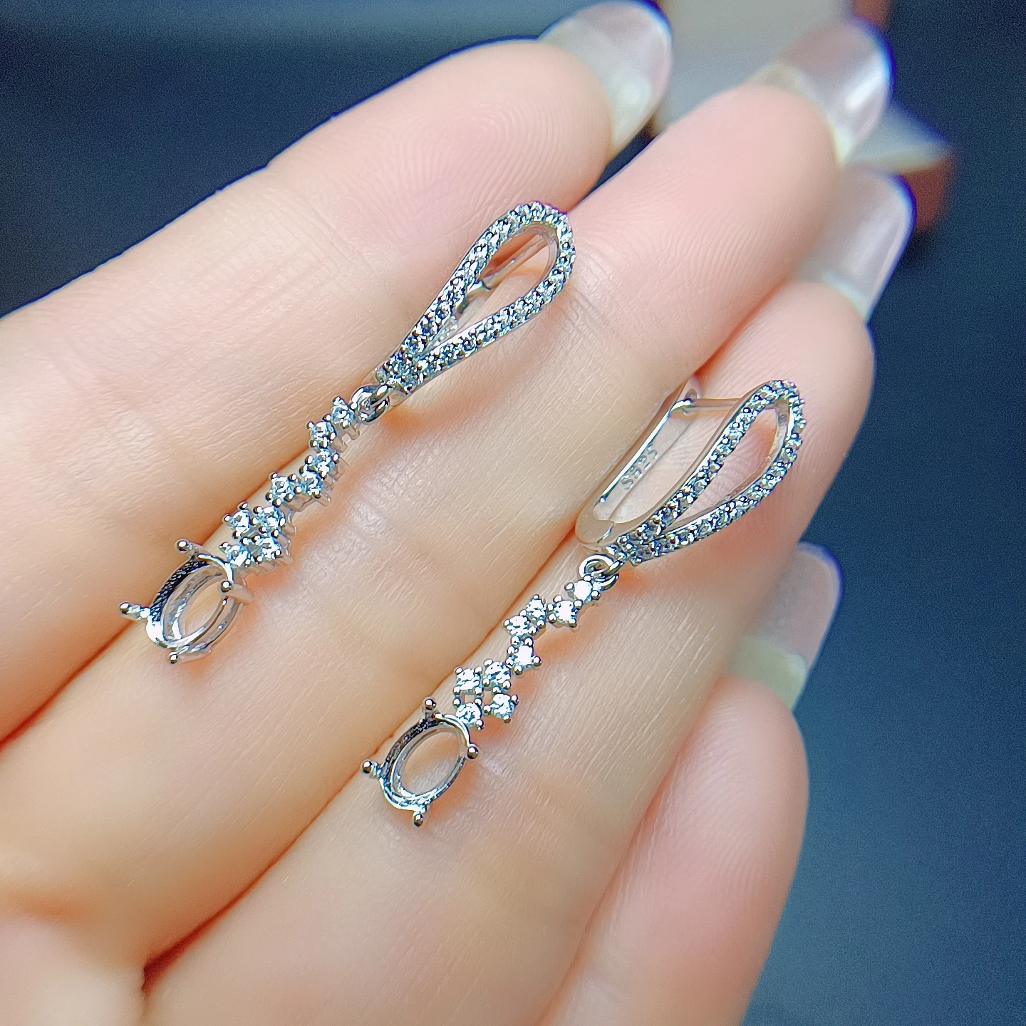 S925 Sterling Silver Inlay 4*6mm Oval Gem Bow Earrings for Women Empty Support DIY Holder Fine Weddings Jewelry Accessory