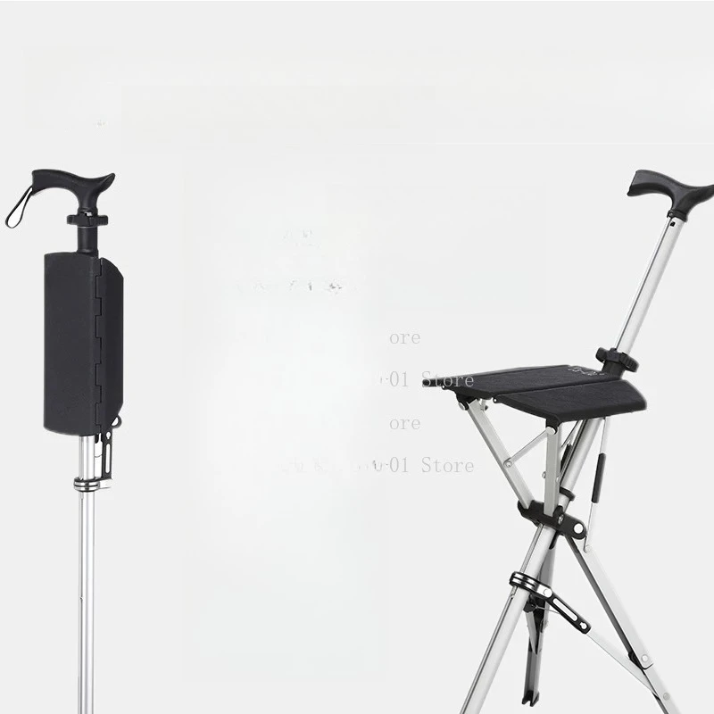 Aluminum Alloy Foldable Walking Cane With Seat Adjustable Elderly Crutch Stool