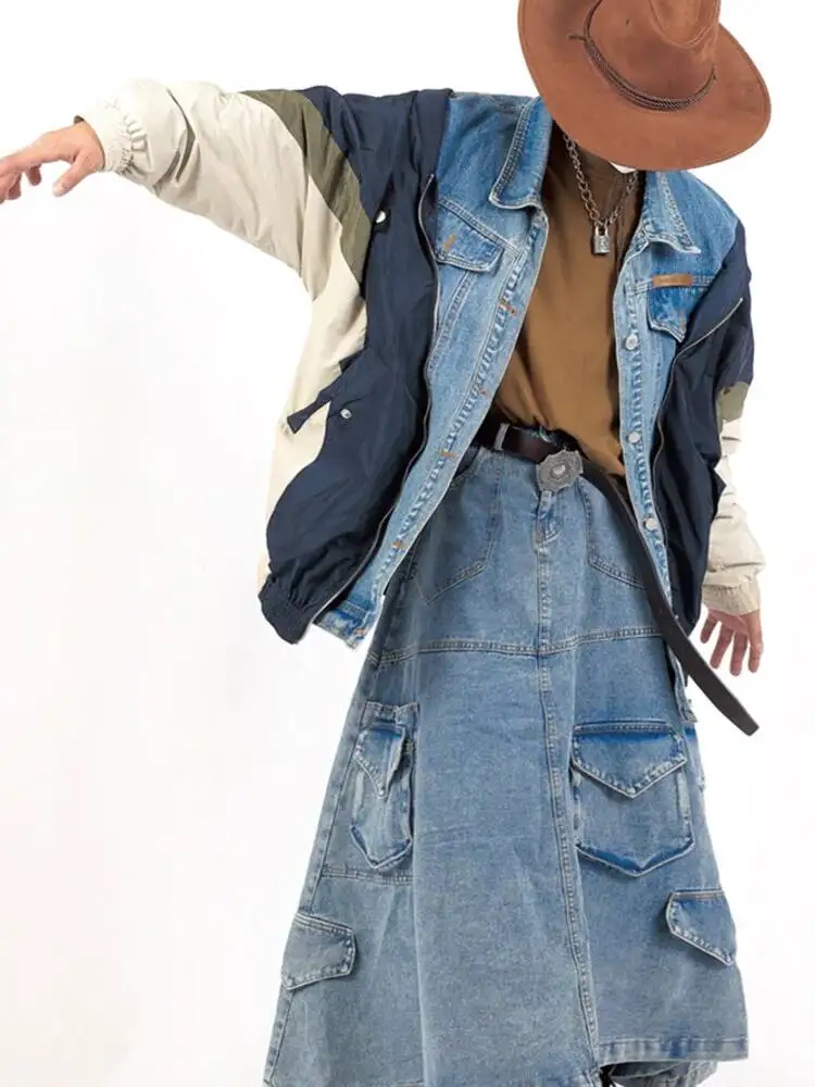 Fashion Women's Jackets Lapel Single Breasted Loose Patchwork Denim Contract Color Long Sleeve Coat Spring 2025 New 17FUVQ