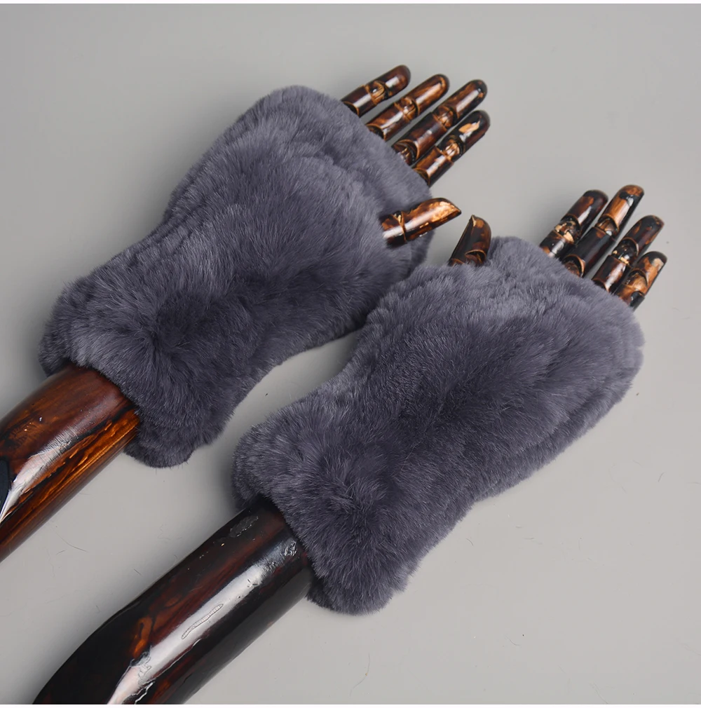 New Women 100% Real Genuine Knitted Rex Rabbit Fur Mittens Winter Warm Lady Real Fur Fingerless Gloves Handmade Knit Fur Mitten
