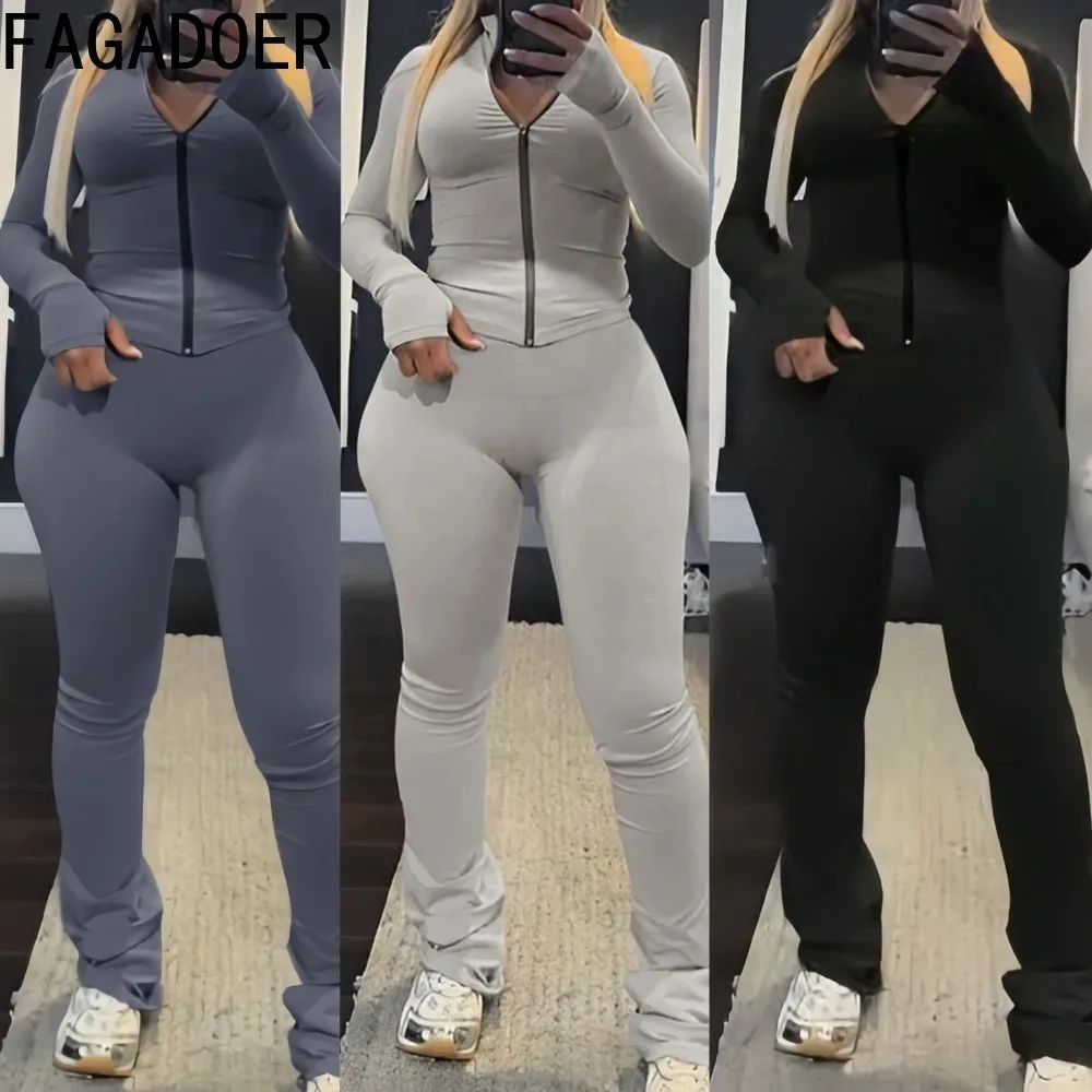 

FAGADOER Solid Sporty Women 2 Piece Set Outfit Casual Zip Long Sleeves Crop Top And High Waist Leggings Pants Autumn Winter New