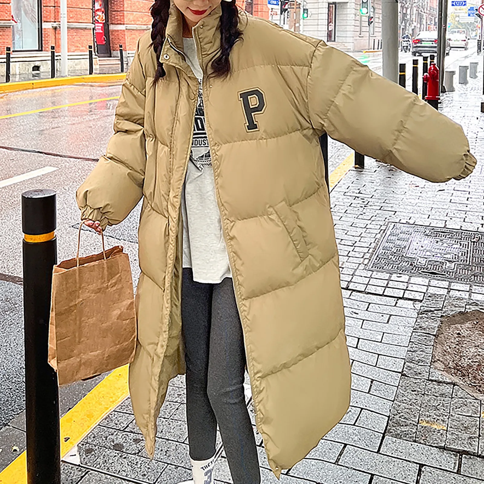 Women Trendy Quilted Puffer Oversized Top Casual Padded Jacket Med Long Warm Sweater Thick Windproof Bread Coat Winter Outerwear