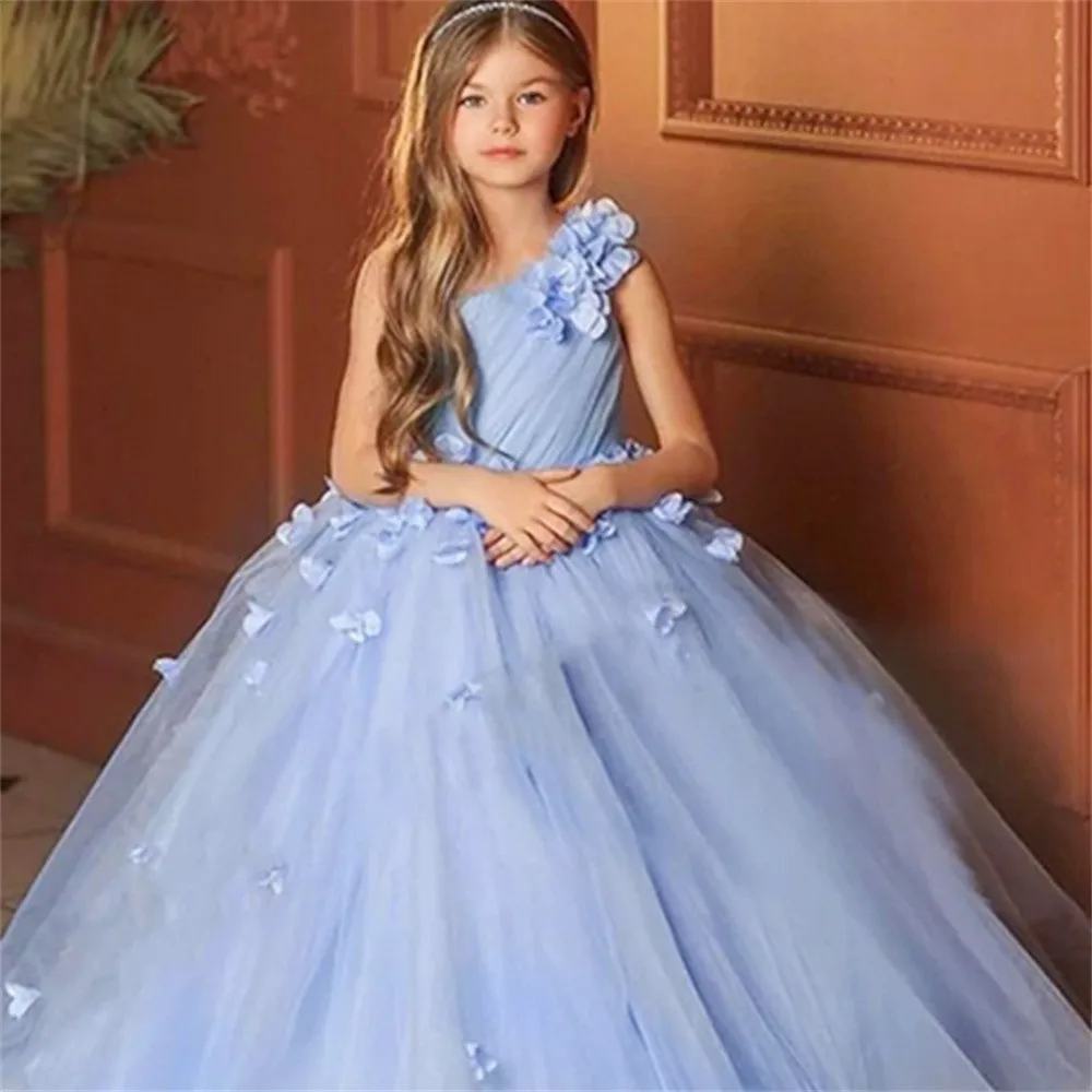 Robe de demoiselle d'honneur bouffante bleu ciel, tenue de princesse à fleurs, pour fête de mariage, première communion, défilé de mode, quelle que soit