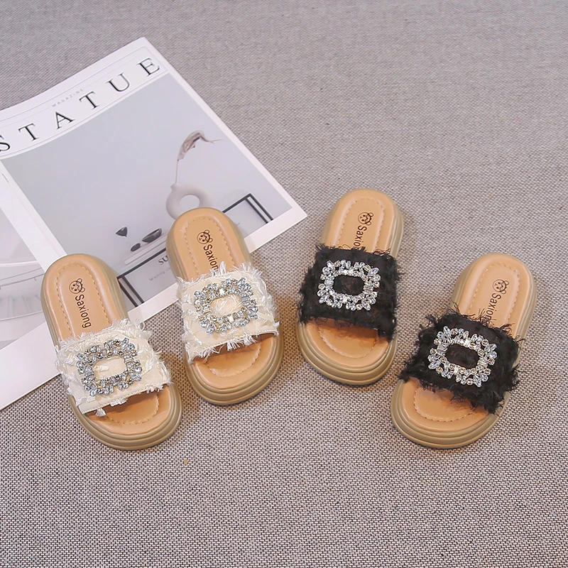 Summer Girls Rhinestone Square Buckle Sandals Fashion Comfy Kids Slippers Chunky Tassel Fringe Open Toe Children Slides 26-35