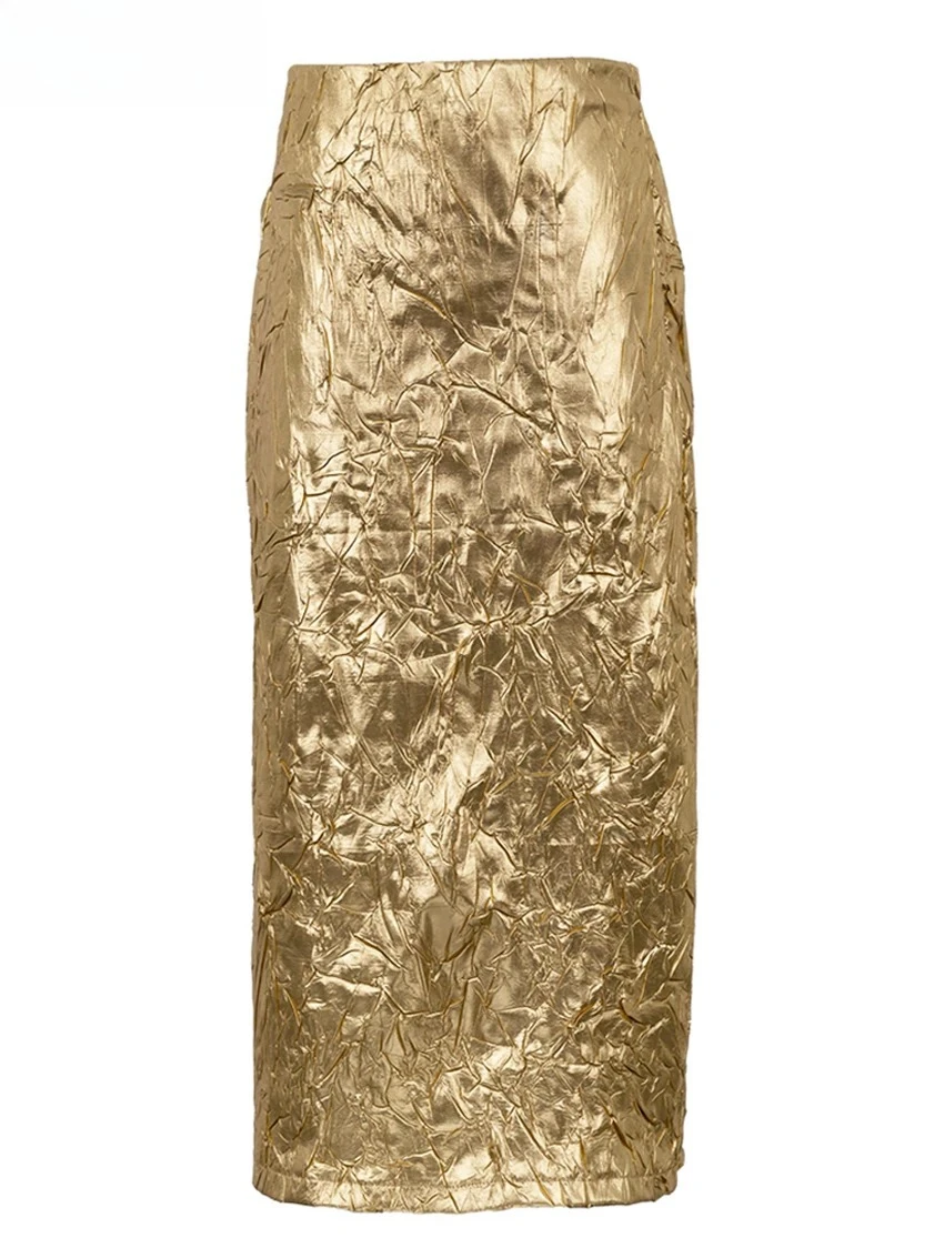 Fashion Slim Gold Women'S Skirt Elegant Chic High Waist Midi Skirts Streetwear Vintage Faldas Skirt Female Clothing