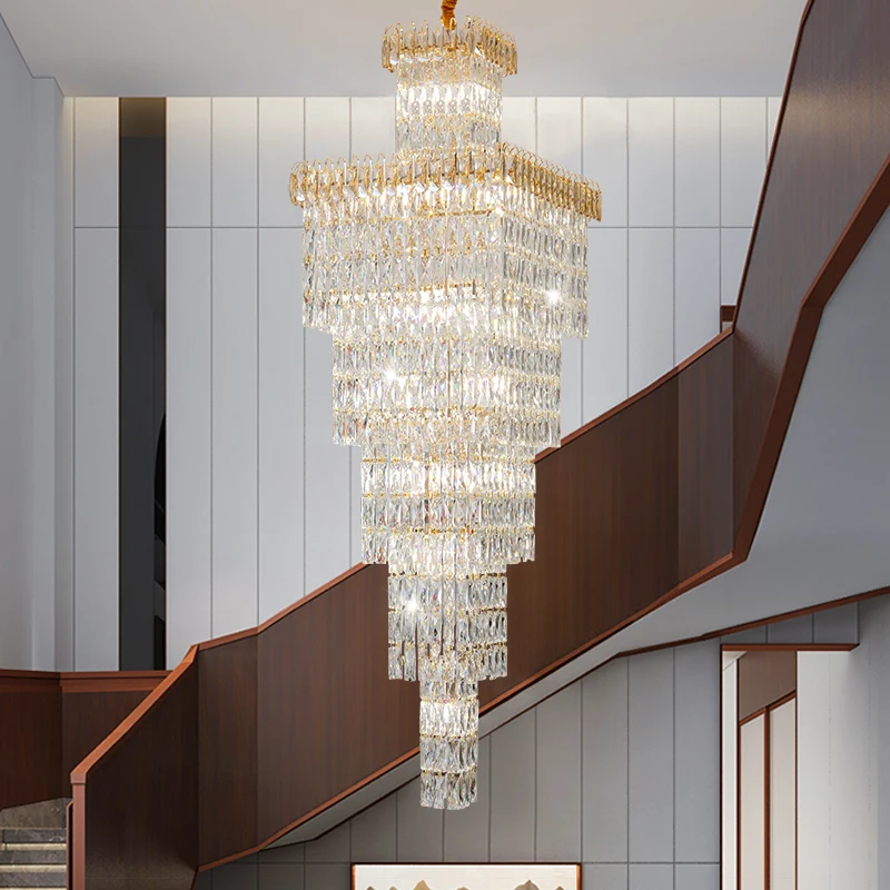 Stair Chandelier Hollow Long Chandelier Simple Light Luxury Chandelier Duplex Villa Empty Hotel Lobby Crystal Hanging Lighting