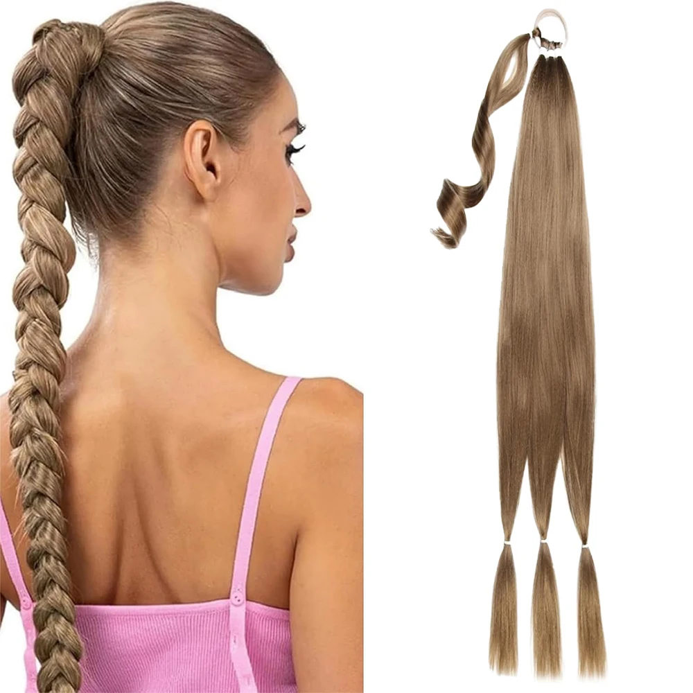 

8# DIY Braiding Hair Ponytail Extensions, 30 Inch High Temperature Synthetic Wrap Around Ponytail Hairpieces with Elastic Tie