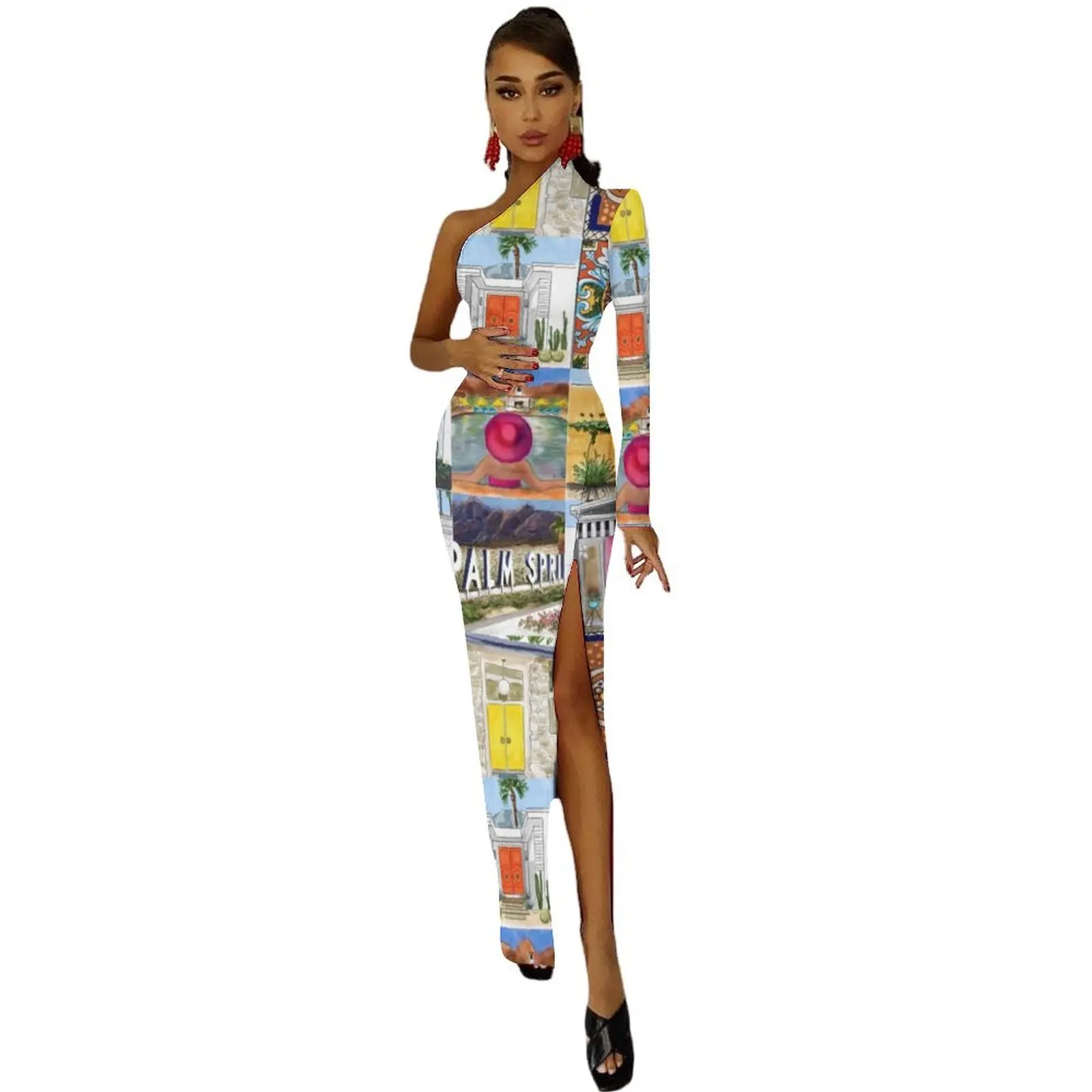 Férias meados do século maxi vestido de um ombro palma molas talavera bodycon vestido festa verão vestidos longos femininos vestidos personalizados