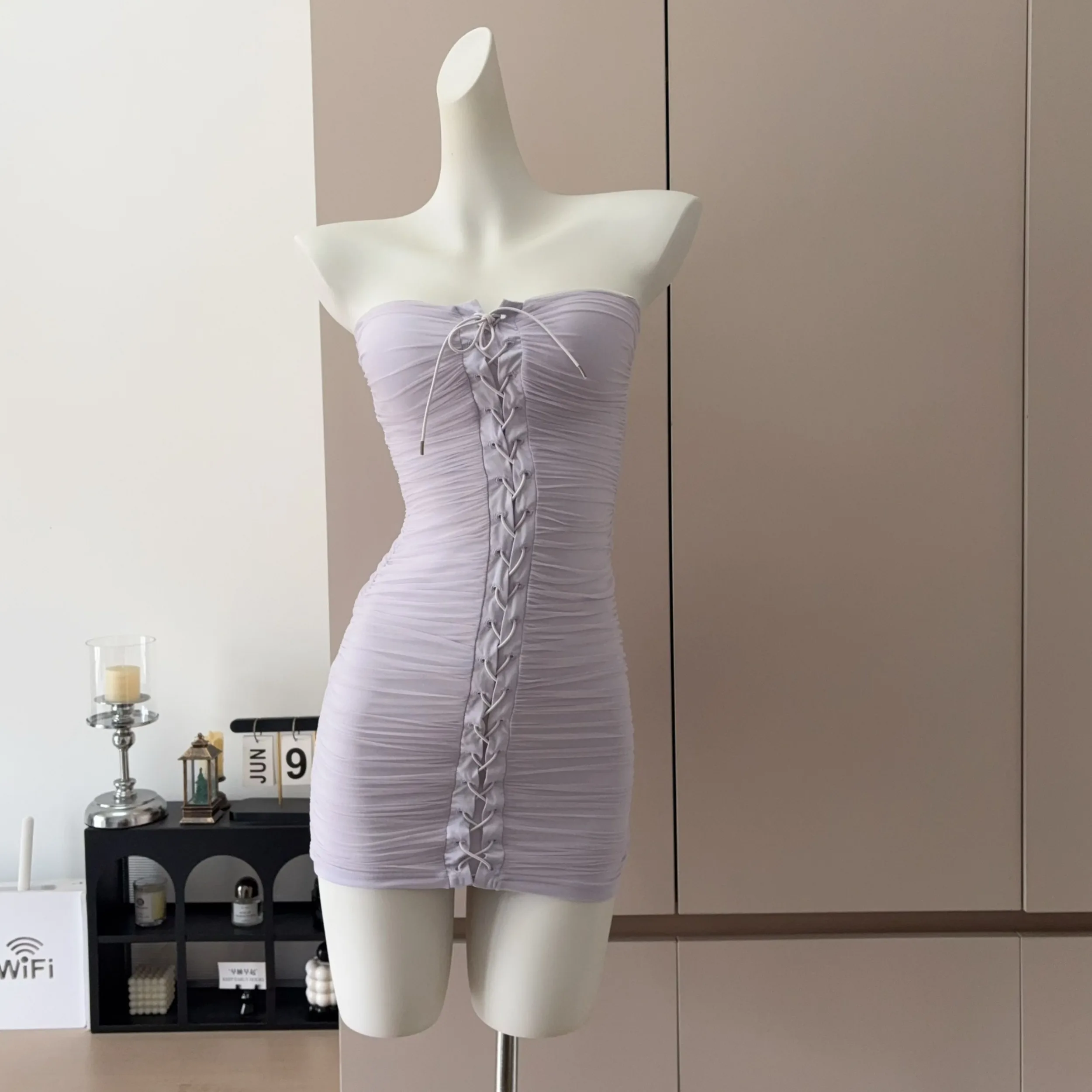 Pure Desire Bodycon Dress Tapioca Mud Sweet Skirt Drawstring Waistline Breathable Soft Fiber Autumn Short Princess Style