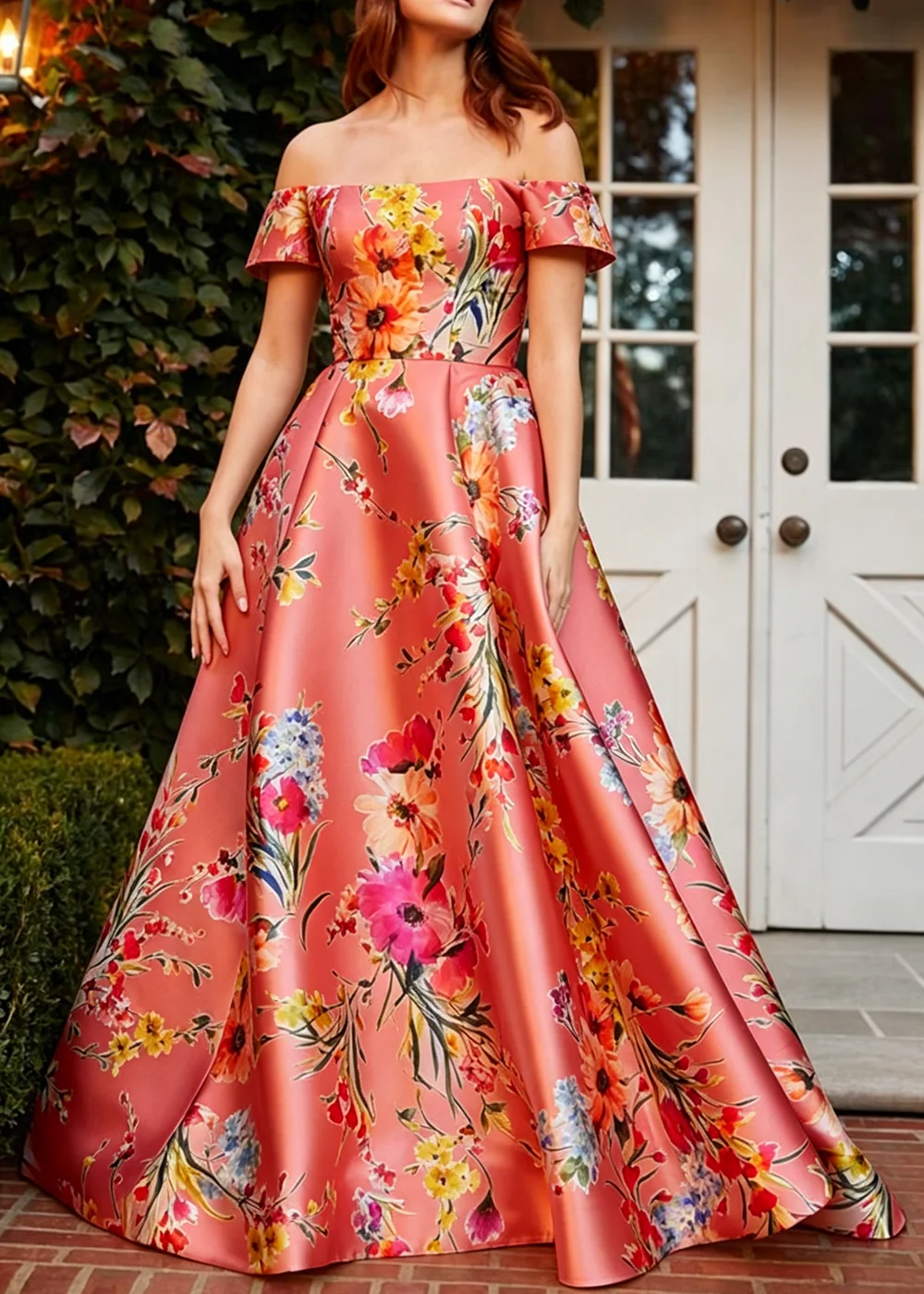 

Women's Off Shoulder Floral Print Maxi Dress Elegant Slim High Waist A Line Long Dress Summer Wedding Guest Party Evening Gown
