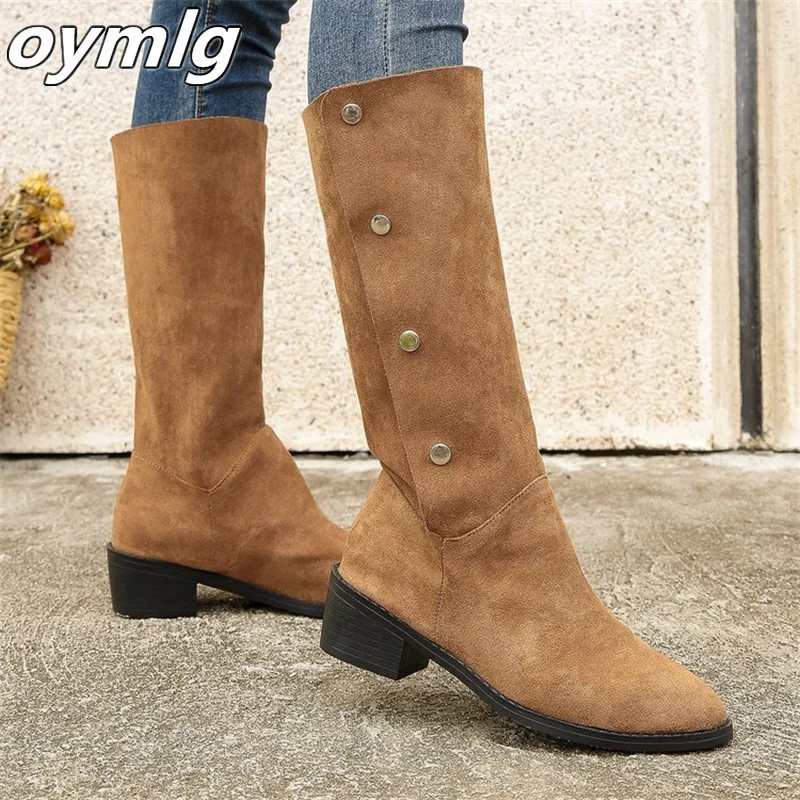 

Vintage large suede boots, pointed toe boots, thick heels, fashionable mid tube stacked boots