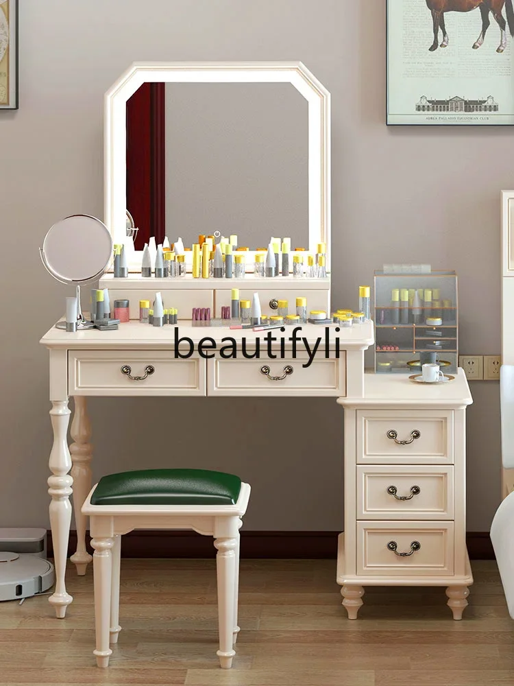 All solid wood American light luxury side cabinet with lamp dresser custom white bedroom makeup table