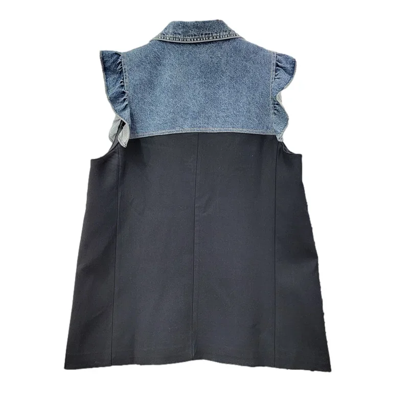 Women Fake Two-piece Ruffle Stitching Cowboy Vest Spring Casual Lapel Single-breasted Sleeveless Denim Jacket Female Waistcoat