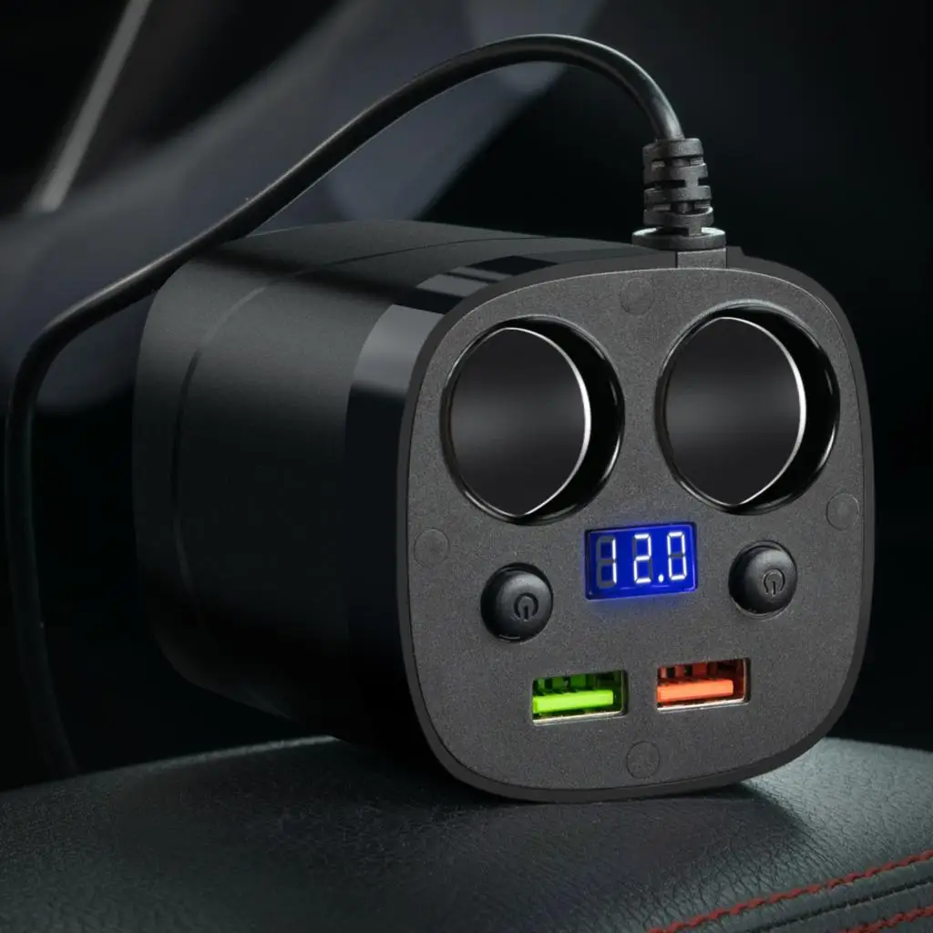 Car Charger Cigarette Lighter Adapter Splitter 2 Socket QC3.0 Fast Quick Charge Charging Cup Holder LED Voltmeter Display Switch