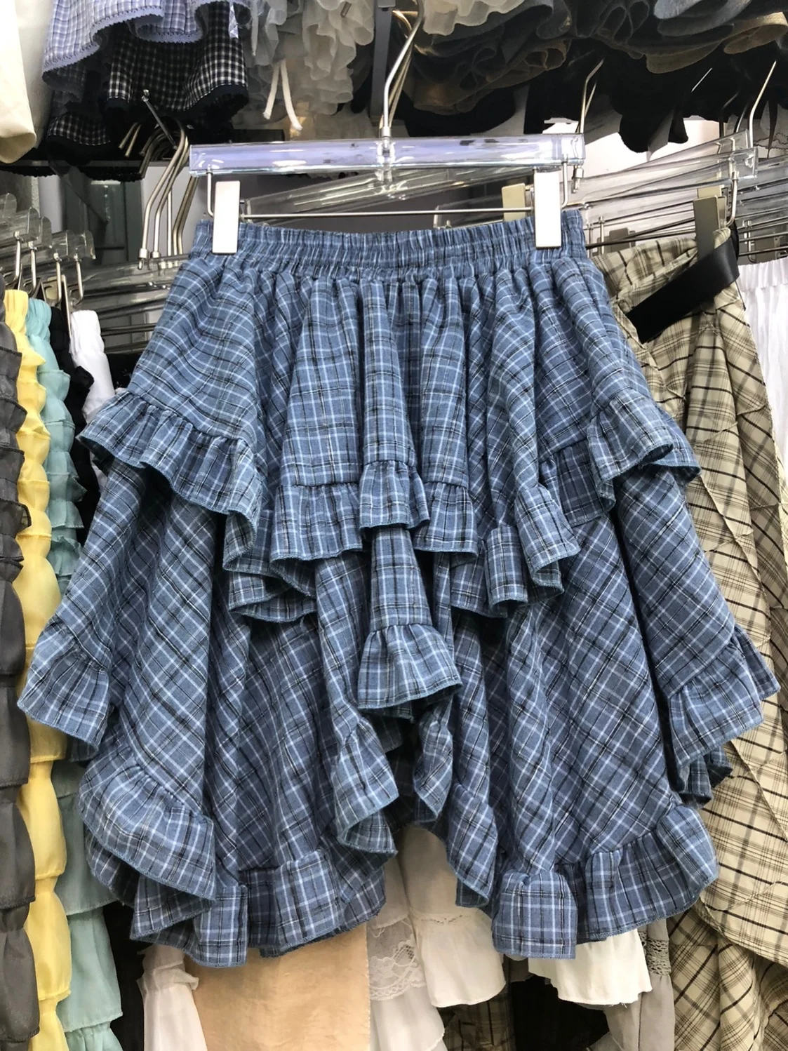 

Gray Plaid Asymmetrical Hem High Waist Slim A-Line Midi Skirt Women Summer Loose Fit Polyester Fiber Gauzy Pleated Skirt