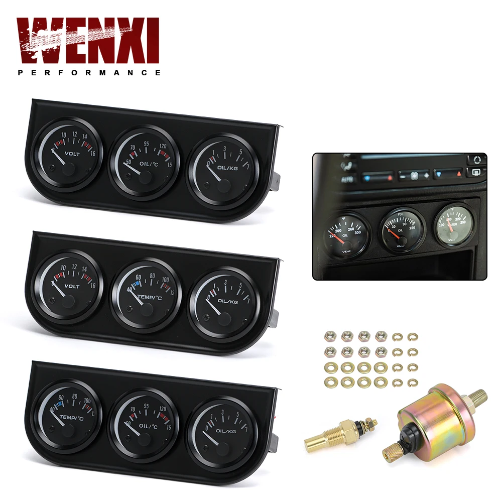 52mm Triple kit Oil Temp Gauge + Water Temp Gauge + Oil Pressure Gauge With Sensor 3in1 Car Meter WX-TAG01/02/03