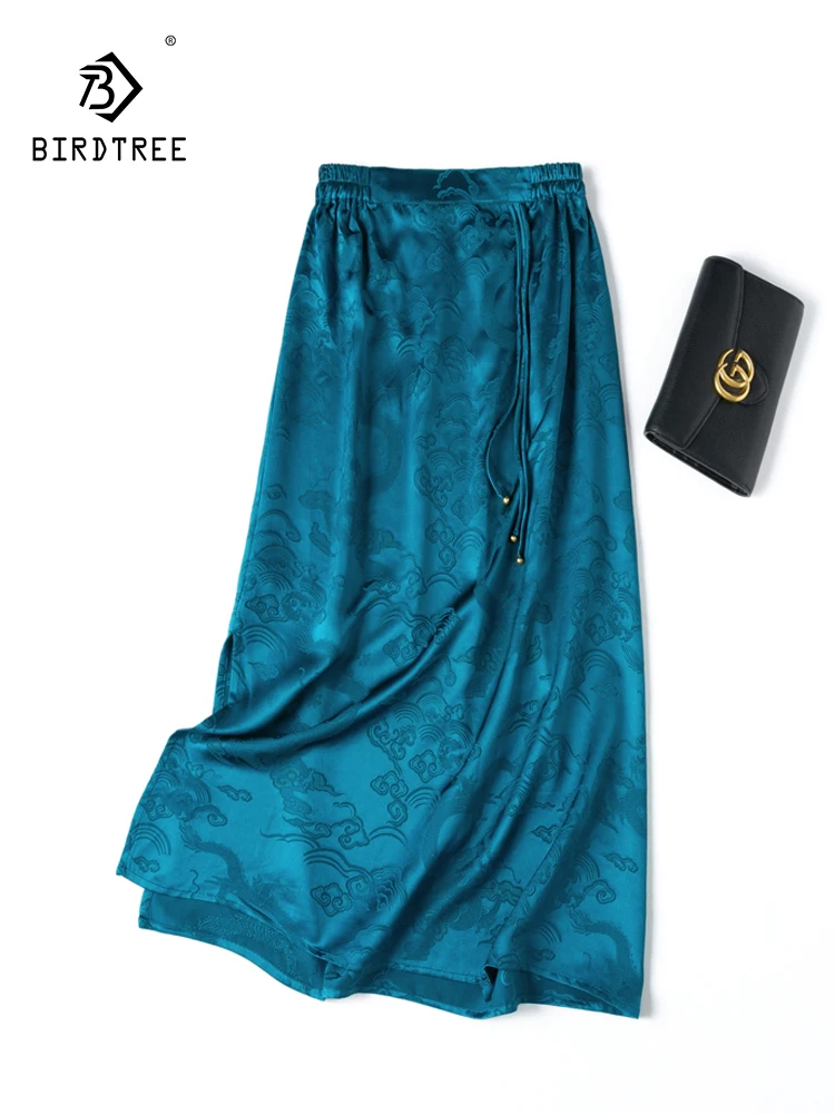 BirdTree, 100% prawdziwy jedwab elegancka spódnica dla kobiet, elastyczne frędzle żakardowe w talii, spódnica Vintage OL dojazdów do pracy, 2024 lato B446105QC